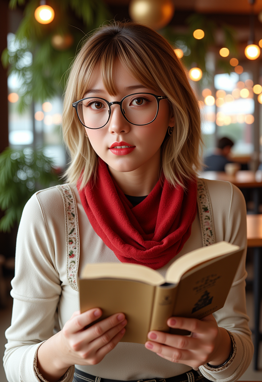 She is approximately 18 years old. Hyperrealism, she is looking at the camera, (dynamic angles), profile headshots of a beautiful, stunning unique female character. she has blonde hair. her eyes are filled with joy and excitement, extravagant eyelashes, a photo of Ch0c0_V2, a woman wearing glasses, a red scarf, and a white shirt. She is sitting in a café, indoors, reading a book, with a cup of coffee sitting on the table in front of her. The café is decorated for Christmas. The woman is posing confidently. She has a slight smile on her face and is looking directly at the camera. The background is a simple white wall.. making this image a masterpiece of photography and digital art. Style: realistic hyper-detailed rendering, 32k UHD, expressive eyes, punk, graphic design, girl's face, pretty and cute, gleaming lips, white skin, telling a tale of adventure. Exuding confidence and serenity. The background is a simple white wall. The overall mood of the image is happy and relaxed.RAW candid cinema,16mm,color graded portra 400 film,remarkable color,ultra realistic,textured skin,remarkable detailed pupils,realistic dull skin noise,visible skin detail,skin fuzz,dry skin,shot with cinematic camera,detailed skin texture,(blush:0.2),(goosebumps:0.3),subsurface scattering,beautiful photograph in the style of Augustus John,Sergio Toppi,Virginia Frances Sterrett,8k HD,detailed skin texture,ultra realistic,textured skin,analog raw photo,cinematic grain,whimsical,detailed hand,perfect hand.perfection style.