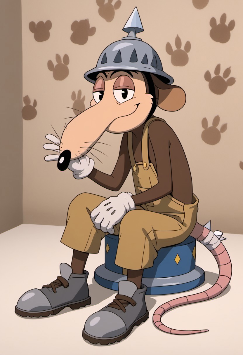 score_9, score_7_up, (masterpiece, extreme detail, best quality), solo focus, male, Werner Werman, mouse, black eyes, brown fur, whiskers, pointy nose, spiked helmet, rat tail, light brown overalls, lederhosen, grey footwear, grey shoes, perfect hands, white gloves, gloves, full-length portrait, skinny, petite, sitting, smile, half-closed eyes, smug, looking at viewer, flirty pose, source_photo, extremely detailed, pattern background, shadow, shading, hyperrealistic, bandaged tail