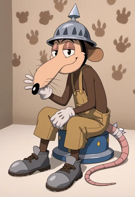 score_9, score_7_up, (masterpiece, extreme detail, best quality), solo focus, male, Werner Werman, mouse, black eyes, brown fur, whiskers, pointy nose, spiked helmet, rat tail, light brown overalls, lederhosen, grey footwear, grey shoes, perfect hands, white gloves, gloves, full-length portrait, skinny, petite, sitting, smile, half-closed eyes, smug, looking at viewer, flirty pose, source_photo, extremely detailed, pattern background, shadow, shading, hyperrealistic, bandaged tail