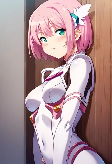 score_9, score_8_up, score_7_up, masterpiece, source_anime 1girl, ct_m0m0, aqua eyes, pink hair, short hair, medium breasts, hair ornament, bodysuit, elbow gloves, looking at viewer, indoors, wooden wall, upper body,<lora:SaotomeMomo_Pony_ct_ver2:1>