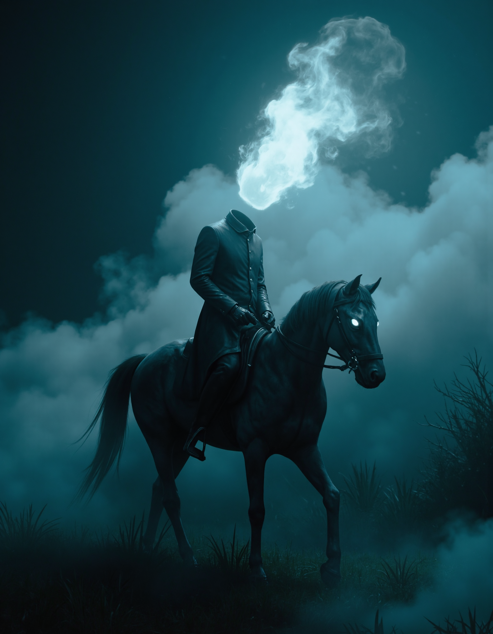 zavy-hdlsshrsmn, mysterious photoshoot of close-up view of headless rider on a horse with a glowing presence, photorealistic depiction, high quality cinematic shot