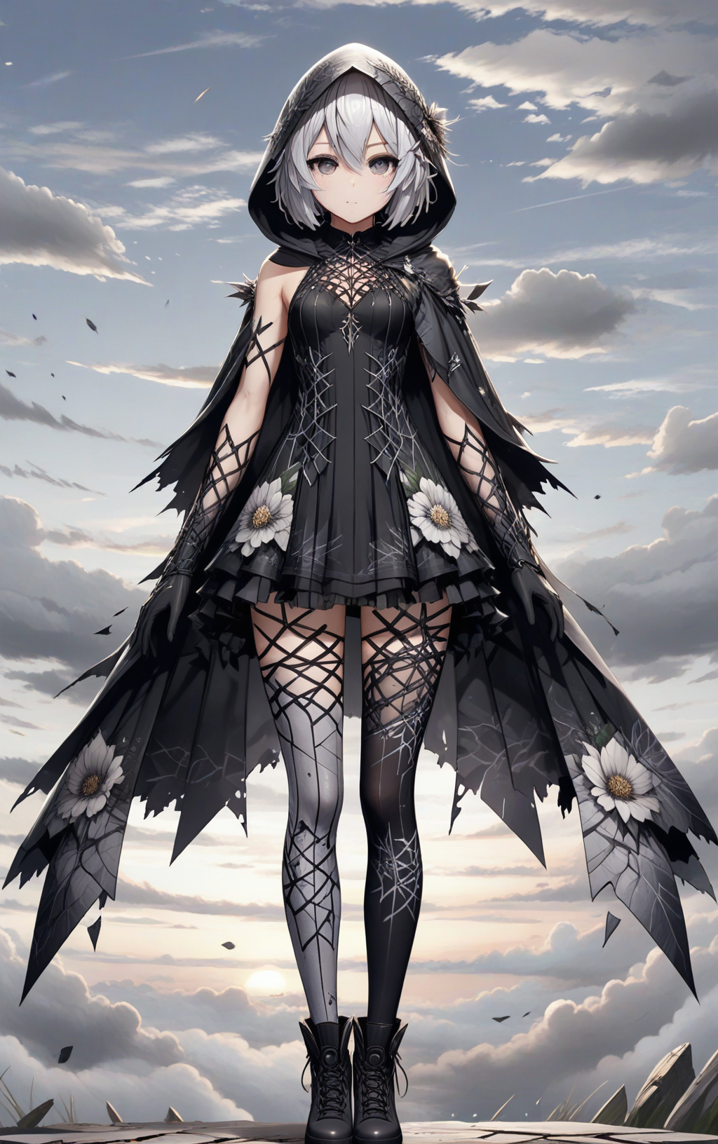 ShatteredCloth,1girl,solo,breasts,looking at viewer,short hair,bangs,hair ornament,gloves,dress,hair between eyes,closed mouth,standing,full body,flower,white hair,pantyhose,boots,outdoors,sky,black gloves,cloud,hood,black footwear,grey eyes,expressionless,cloudy sky,cloak,hood up,arms at sides,hooded cloak,black flower,shattered effect on pantyhose,
, <lora:add-detail-xl:0.8> <lora:ShatteredCloth:0.6>