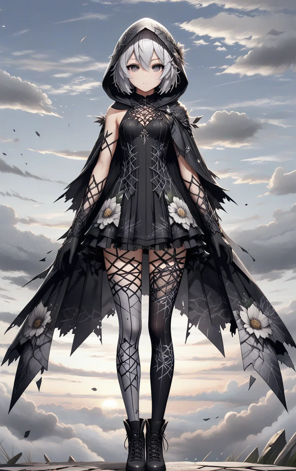 ShatteredCloth,1girl,solo,breasts,looking at viewer,short hair,bangs,hair ornament,gloves,dress,hair between eyes,closed mouth,standing,full body,flower,white hair,pantyhose,boots,outdoors,sky,black gloves,cloud,hood,black footwear,grey eyes,expressionless,cloudy sky,cloak,hood up,arms at sides,hooded cloak,black flower,shattered effect on pantyhose,
, <lora:add-detail-xl:0.8> <lora:ShatteredCloth:0.6>