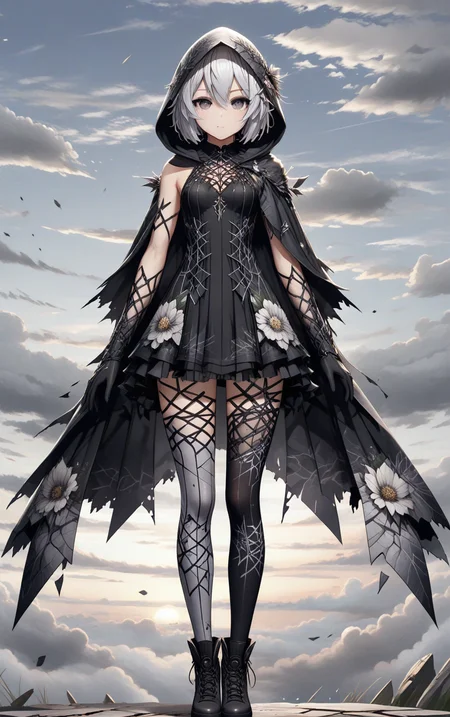 ShatteredCloth,1girl,solo,breasts,looking at viewer,short hair,bangs,hair ornament,gloves,dress,hair between eyes,closed mouth,standing,full body,flower,white hair,pantyhose,boots,outdoors,sky,black gloves,cloud,hood,black footwear,grey eyes,expressionless,cloudy sky,cloak,hood up,arms at sides,hooded cloak,black flower,shattered effect on pantyhose,
, <lora:add-detail-xl:0.8> <lora:ShatteredCloth:0.6>