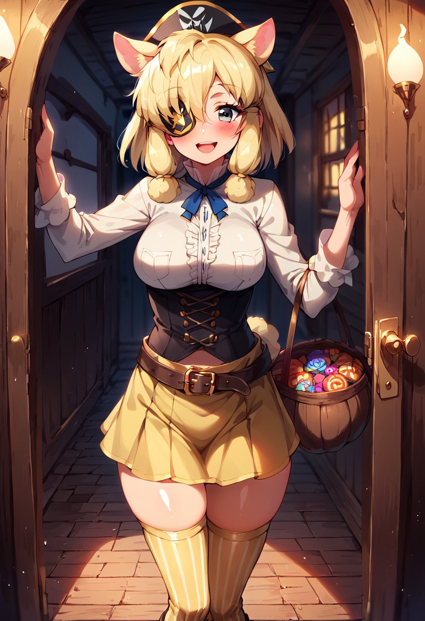 1girl, ((solo)), best quality, ultra-detailed, extremely detailed, perfect anatomy, masterpiece, score_9, score_8_up, score_7_up, Expressiveh, alpaca suri (kemono friends), alpaca ears, hair over one eye, bangs, blonde hair, grey eyes, sidelocks, hair tubes, hair bun, tail, short hair, horizontal pupils, outdoors, neighborhood, trick-or-treating, pumpkins, candles, halloween, trick-or-treater, holding halloween basket, candy basket, front_door, open door, standing at the front door, viewer pov, pirate, light-yellow pirate hat, (pirate hat:1.1), light-yellow pirate outfit, light-yellow blouse, light-yellow skirt with trim, light-yellow thighhighs, thighhighs, striped thighhighs, striped gloves, thigh squish, fully clothed, pirate gloves, pirate boots, belt, accessories, white trimmed sleeves, white trim, curvy, medium breasts, blushing, looking at viewer, soft blush, open mouth smile, cute look, closeup, depth-of-field, ears sticking out of hat, thobrine, shiny skin, yellow eyepatch, (eyepatch:1.1), pirate_eyepatch,