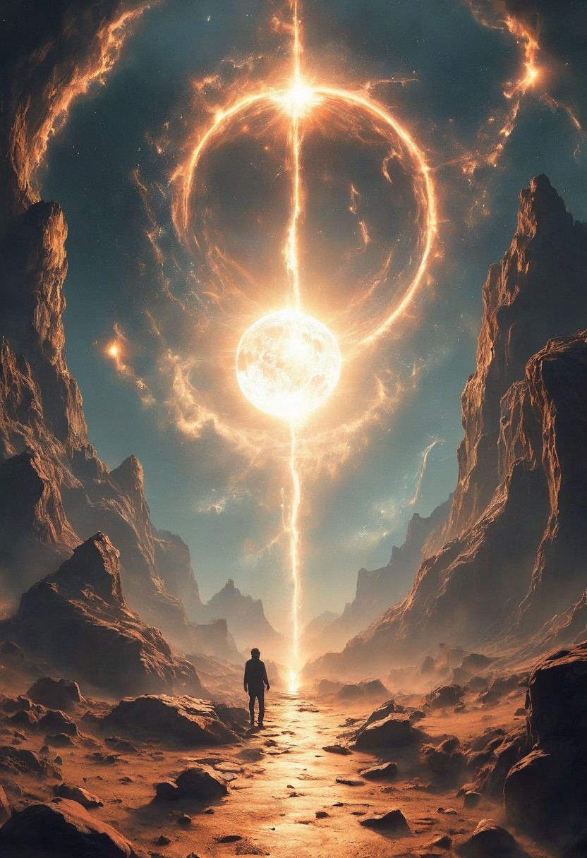 The Moon, centered, casts a dark umbra on Earth, depicting the path of totality. The Sun, in radiant oranges and yellows, forms a stunning corona effect around the Moon, all aligned casting a fading black hole sun halo in the space, orbit space vfx, exosphere, cosmic, astral, quantic, cold and warm,energy-filled epic science fiction film concept digital art by maciej kuciara and vincent di fate,1998 NASA photo, hasselblad electric camera 70mm film, skylab flashlight photography, in the style of Interstellar by Christopher Nolan
OverallDetailXL, flux-style