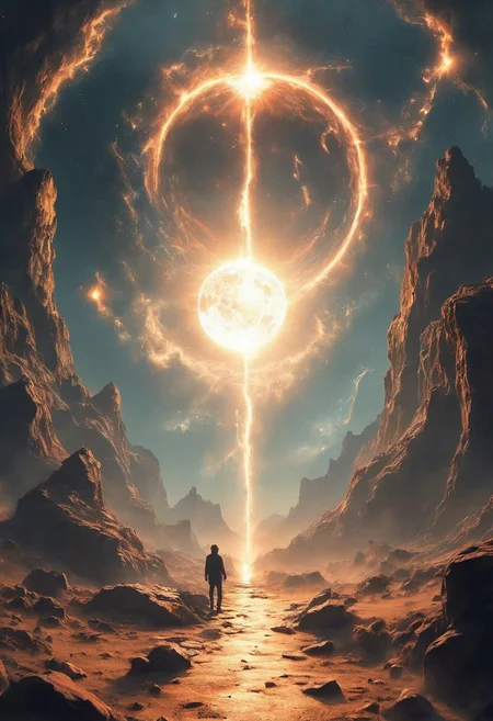 The Moon, centered, casts a dark umbra on Earth, depicting the path of totality. The Sun, in radiant oranges and yellows, forms a stunning corona effect around the Moon, all aligned casting a fading black hole sun halo in the space, orbit space vfx, exosphere, cosmic, astral, quantic, cold and warm,energy-filled epic science fiction film concept digital art by maciej kuciara and vincent di fate,1998 NASA photo, hasselblad electric camera 70mm film, skylab flashlight photography, in the style of Interstellar by Christopher Nolan
OverallDetailXL, flux-style