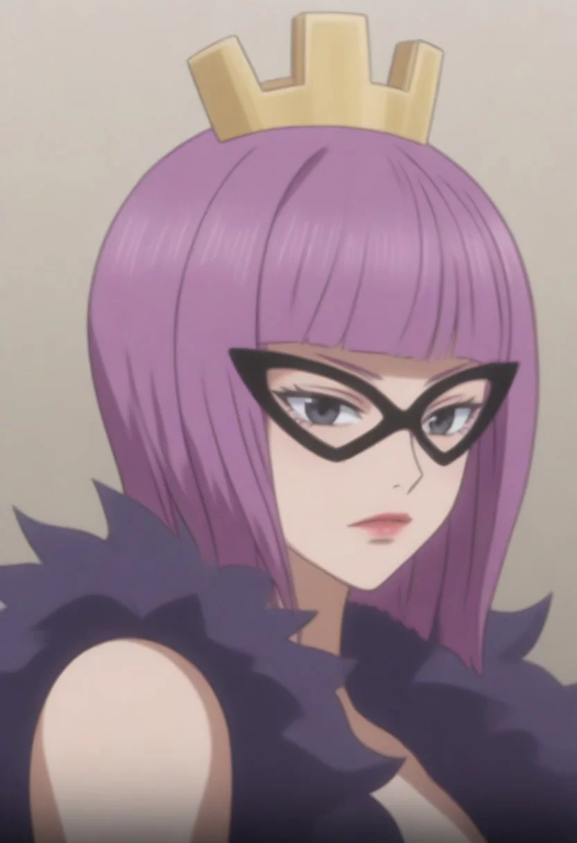 source_anime, anime screencap, source_anime, auratheguillotine, anime screencap, masterpiece, source_anime, shiny skin,,, KinderellaOP, 1girl, solo, tall woman, pink purple hair, bangs, bob cut, black eyes, lips, red lipstick, crown, long yellow dress, cleavage, dress with cutout, dark cape, wide hips, long light-colored gloves, eye-mask,