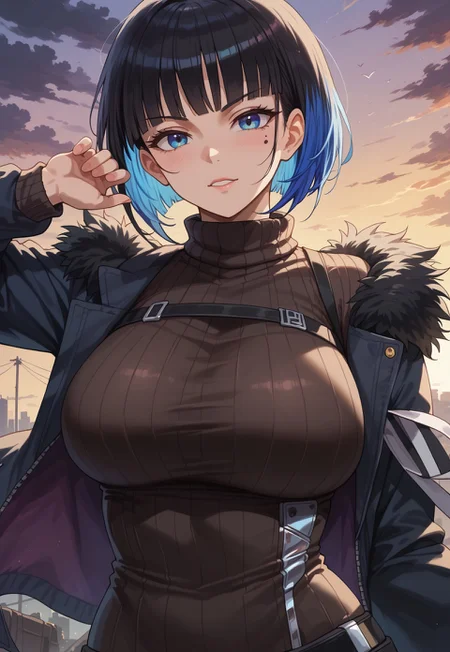 safe_pos, (score_9, score_8_up, score_7_up), flat_color, looking at viewer, attractive pose, 1girl, Luvencia, large breasts, blue eyes, short hair, black hair, multicolored hair, colored inner hair, blue hair, turtleneck_sweater, mole under eye,