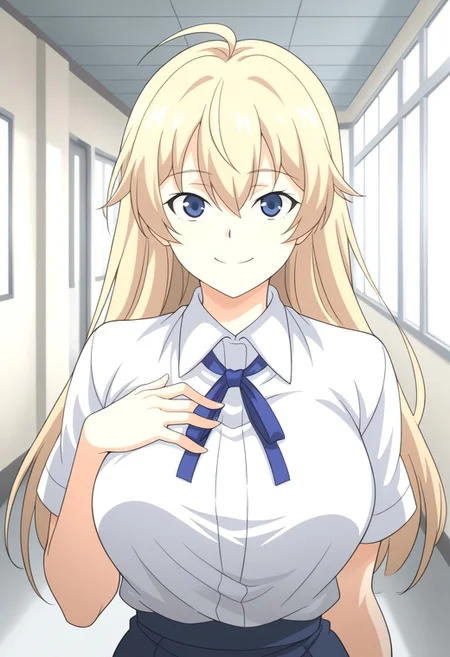 1girl, solo, maki jk genkai koubi anime style, blonde hair, long hair, ahoge, blue eyes, bangs, large breasts, smile, hair between eyes, closed mouth, maki's school outfit, white shirt, collared shirt, short sleeves, neck ribbon, blue ribbon, portrait only, hand own chest, cowboy shot, looking at viewer, indoor, hallway,
