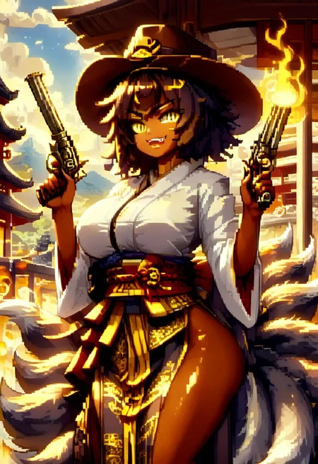 (score_9), score_8_up, score_7_up, 
anime
1girl,
(dark brown skin, beautiful, black hair, curly hair (large round afro: 1.4), (((Kitsune)), Fox ears, ((fox tail)), large tail, (nine tails), (multiple tails), saddle brown tails:1.2, black fur tips: 1.6), (yellow eyes, slit pupils: 1.4), (glowing eyes: 0.8), eyesHD, high gradient eyes, high definition eyes, teeth with fangs, black claws, 
Black and gold cowboy hat, shrine maiden outfit, bandolier, gunatyou, holding weapon, holding gun, holding a revolver, 0.44 Magnum Revolver, ((GunMonk)), one eye closed, wink, magic musket
gigantic breasts, round breasts, huge ass, sexy, thick thighs), black lipstick, silver jewelry, Excited grin,
blue flames
desert, fire, sandstorm
aduare_style, pixel art