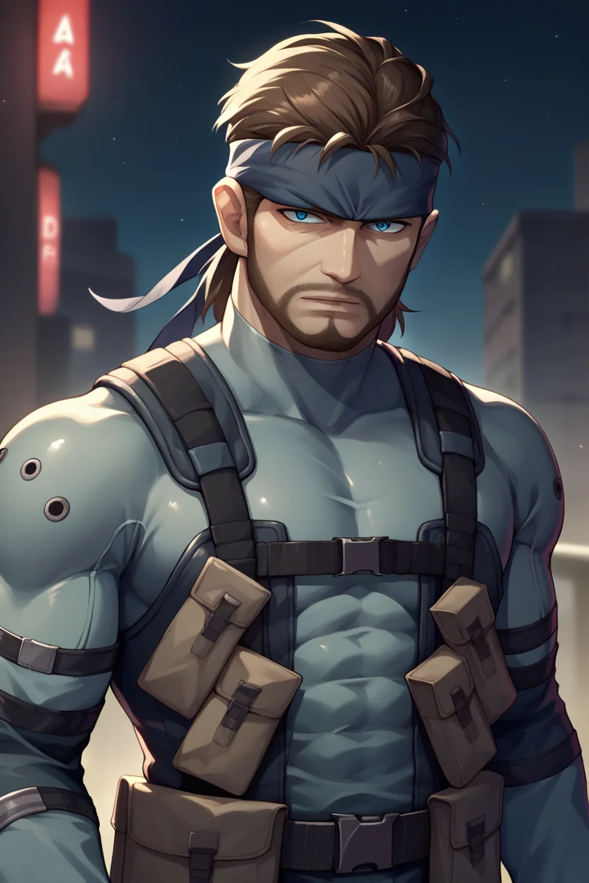 score_9, score_8_up, score_7_up, score_6_up, source_anime, BREAK 1boy, film grain, dark, military complex, night sky, dimly lit, desaturated <lora:solidsnake-pdxl-nvwls-v1:1> solidsnake, headband, brown hair, beard, facial hair, blue bodysuit, gloves, harness, belt pouch, city, looking at you, furrowed brow, mature male, manly, upper body