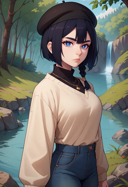 score_9, score_8_up, score_7_up, BREAK 1girl, solo, FVisions, blue eyes, white pupils, black hair, side braid, single braid, short hair, <lora:FVisionsPDXL_V1-Manityro-CAME:0.8>, outdoors, river, forest,
looking at viewer, expressionless, side view,
black beret, necklace, black turtleneck sweater, beige sweater, denim jeans