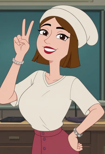 ((room background)),score_9, score_8_up, score_7_up,score_6_up,
1girl, solo, Lauren_HYG, light skin, dark brown eyes, brown hair, short hair, bob cut, red lips, white beanie hat, white V-neck shirt, high-waisted magenta skirt, gray socks, dark pink sneakers shoes, silver beaded bracelet, cute, tall stature, social smile, happy, perfect eyes, perfect smile, looking at the viewer, detailed eyes, perfect eyes, standing, big breasts (front pose, bust shot) five fingers, perfect hands, (hand on hip, v sign)