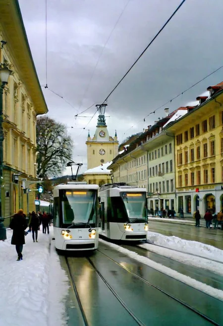 Bern downtown in winter, snowy, cloudy, people, modern tram, raw style