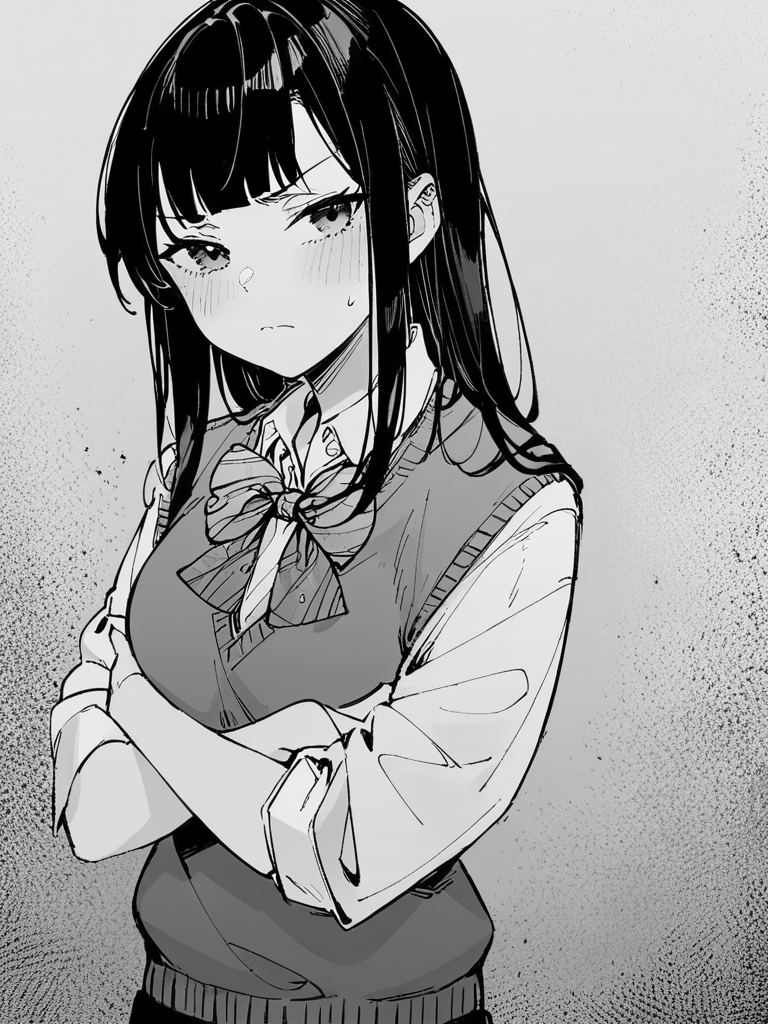 score_9, score_8_up, score_7_up,  
1girl,  monochrome, sweater vest, bowtie, white shirt, short sleeves, school uniform, standing,  black hair, long hair, frown, closed mouth, looking at viewer,  crossed arms,