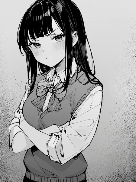 score_9, score_8_up, score_7_up,
1girl, monochrome, sweater vest, bowtie, white shirt, short sleeves, school uniform, standing, black hair, long hair, frown, closed mouth, looking at viewer, crossed arms,