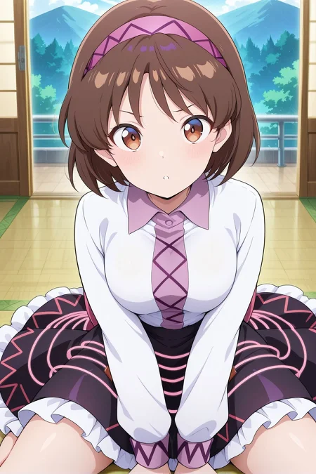 absurdres, highres, masterpiece, best quality, amazing quality, official anime artwork, screencap, anime screencap, indoors, looking at viewer, dynamic pose,
<lora:Tsukomo-Yatsuhashi_Illustrious:1> tsukumo yatsuhashi, 1girl, solo, brown eyes, brown hair, short hair,, white shirt, long sleeves, black skirt, frilled skirt,