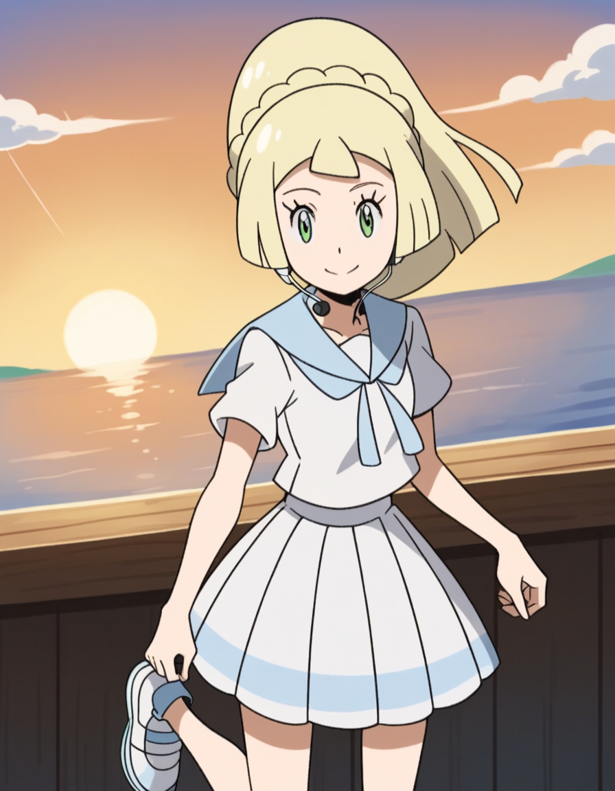 score_9, score_8_up, score_7_up, source_anime, <lora:pokemon-lilie-anime-ponyxl-lora-nochekaiser:1>, lillie \(pokemon\), blonde hair, blunt bangs, green eyes, long hair,, braid, french braid, high ponytail, miniskirt, pleated skirt, sailor collar, shirt, short sleeves, skirt, white shirt, white skirt,, suburban neighborhood, morning jog, earphones, running shoes, fresh air, sunrise, smile, looking at viewer, solo,, cowboy shot, dutch angle