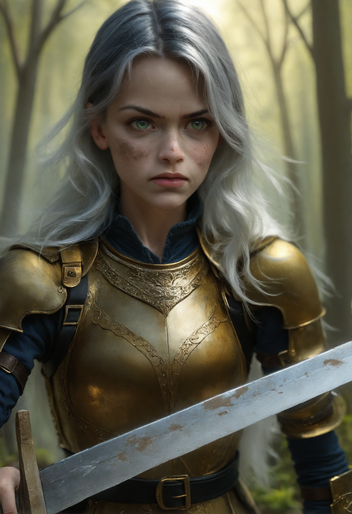 1girl,age25,woman,athletic,beautiful,medieval warrior,golden armor,black leather straps,gold buckles,long hair,silver hair,black hair,broadsword,upperbody,closeup,determined expression,green-blue eyes,dirty skin,outdoors,forest background,cinematic,photorealistic,absurdres,4K,amazing color depth,vivid contrast,, masterpiece,