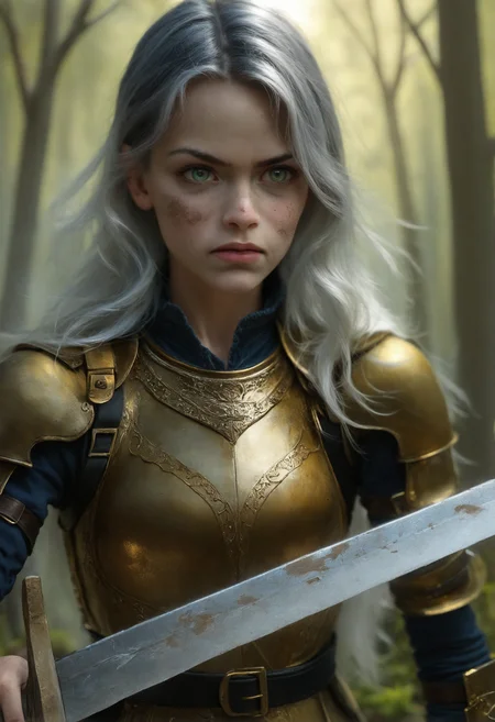 1girl,age25,woman,athletic,beautiful,medieval warrior,golden armor,black leather straps,gold buckles,long hair,silver hair,black hair,broadsword,upperbody,closeup,determined expression,green-blue eyes,dirty skin,outdoors,forest background,cinematic,photorealistic,absurdres,4K,amazing color depth,vivid contrast,, masterpiece,