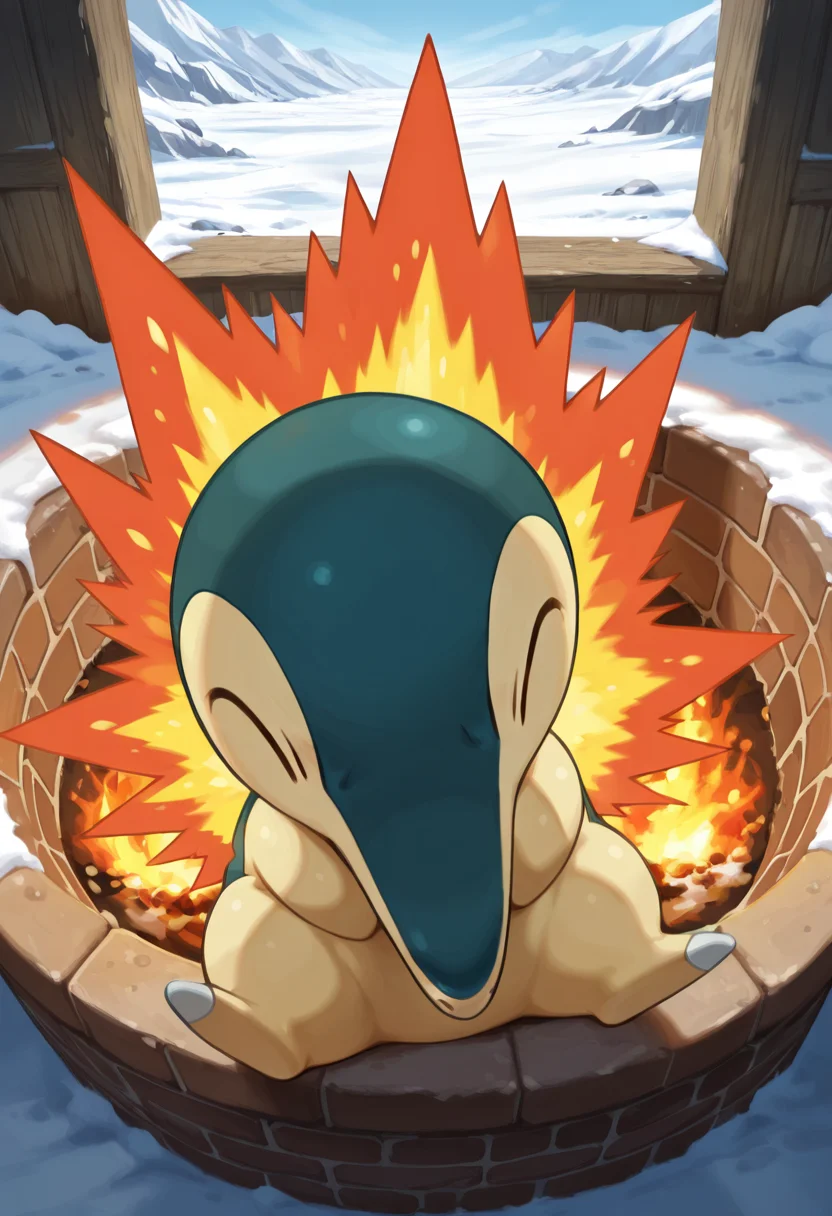 masterpiece, best quality, no humans, solo, zzCyndaquil, sitting in fireplace, snow, ice, artic, ,<lora:CyndaquilPokedex_IXL:1.0>,