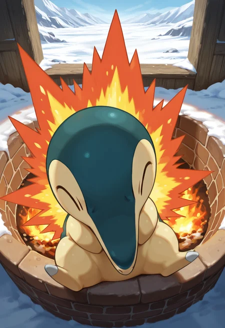 masterpiece, best quality, no humans, solo, zzCyndaquil, sitting in fireplace, snow, ice, artic, ,<lora:CyndaquilPokedex_IXL:1.0>,