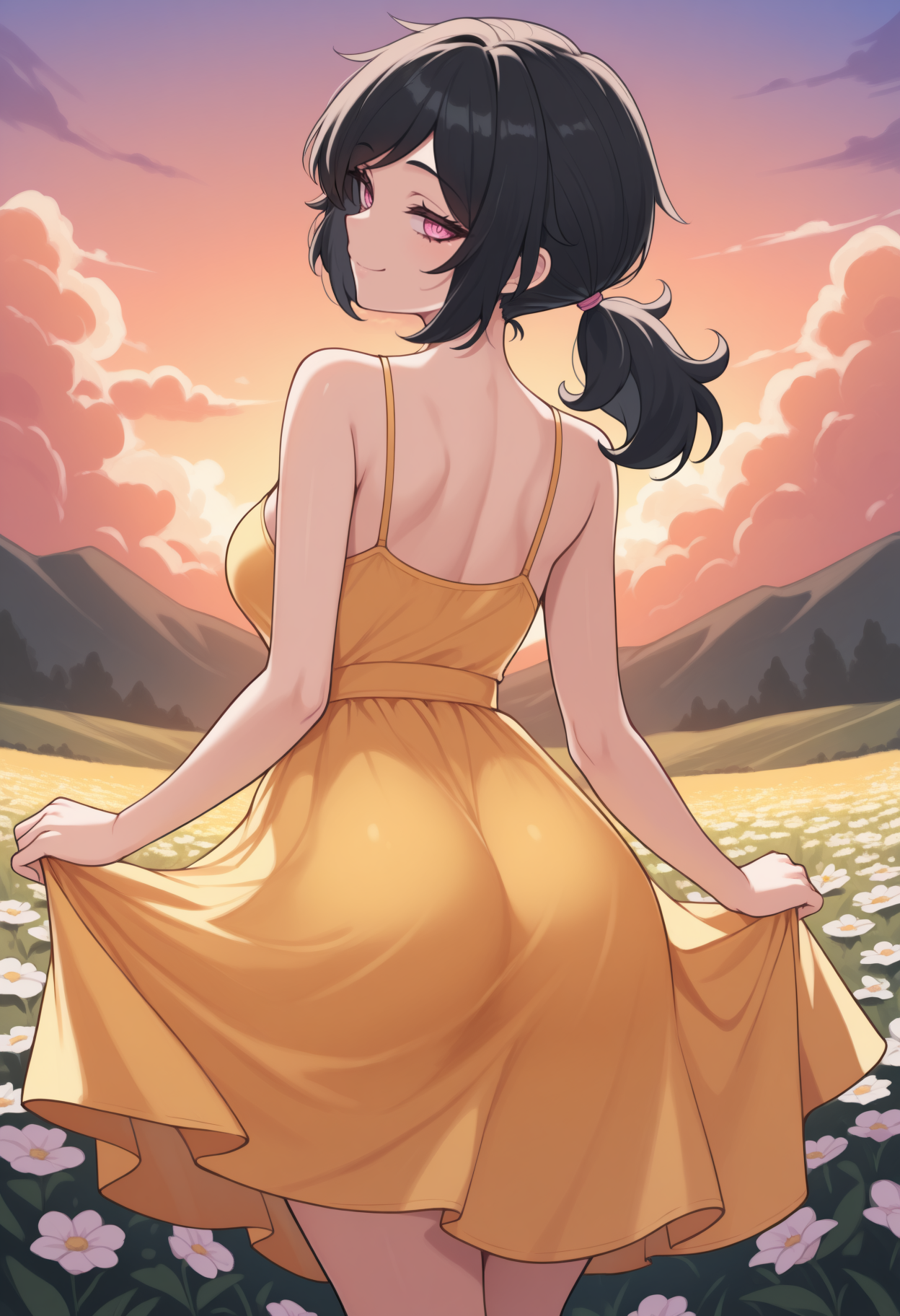 masterpiece, best quality, newest, from behind, solo, 1girl, smile, looking back, skirt hold, black hair, ponytail, pink eyes, yellow sundress, spaghetti strap, bare shoulders, outdoors, sunset, cloud, flower field
<segment:yolo-Anzhc Face seg 640 v2 y8n.pt,0.4,1//cid=11>