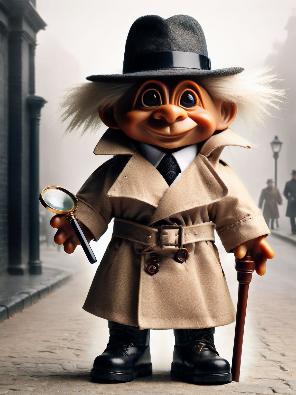ais-trollz detective, with sharp, analytical eyes, in a classic trench coat and sturdy detective's boots, magnifying glass in hand, investigating a foggy Victorian street. The detective's keen gaze pierces through the fog, old-fashioned street lamps casting dramatic shadows <lora:Trollz_2:1>