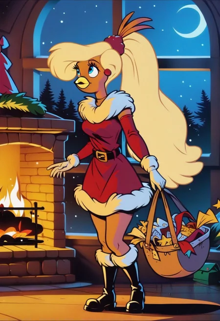 Goldie, big hair, beak, bird girl, solo, blonde hair,bird girl, long hair,1girl, red dress, furry female, dress, smile, furry, solo, christmas,blue eyes, fur, night, fur trim, fire, fur-trimmed dress, long sleeves, window, breasts, boots, santa costume, standing, black footwear, fireplace, gloves, fur-trimmed sleeves,blonde hair, sky, star \(sky\), bag, alternate costume, looking to the side, closed mouth, night sky, belt, happy, santa dress, small breasts, indoors, medium breasts
score_9, score_8_up, score_7_up, score_6_up <lora:GoldieRockaPony1.0:0.8>