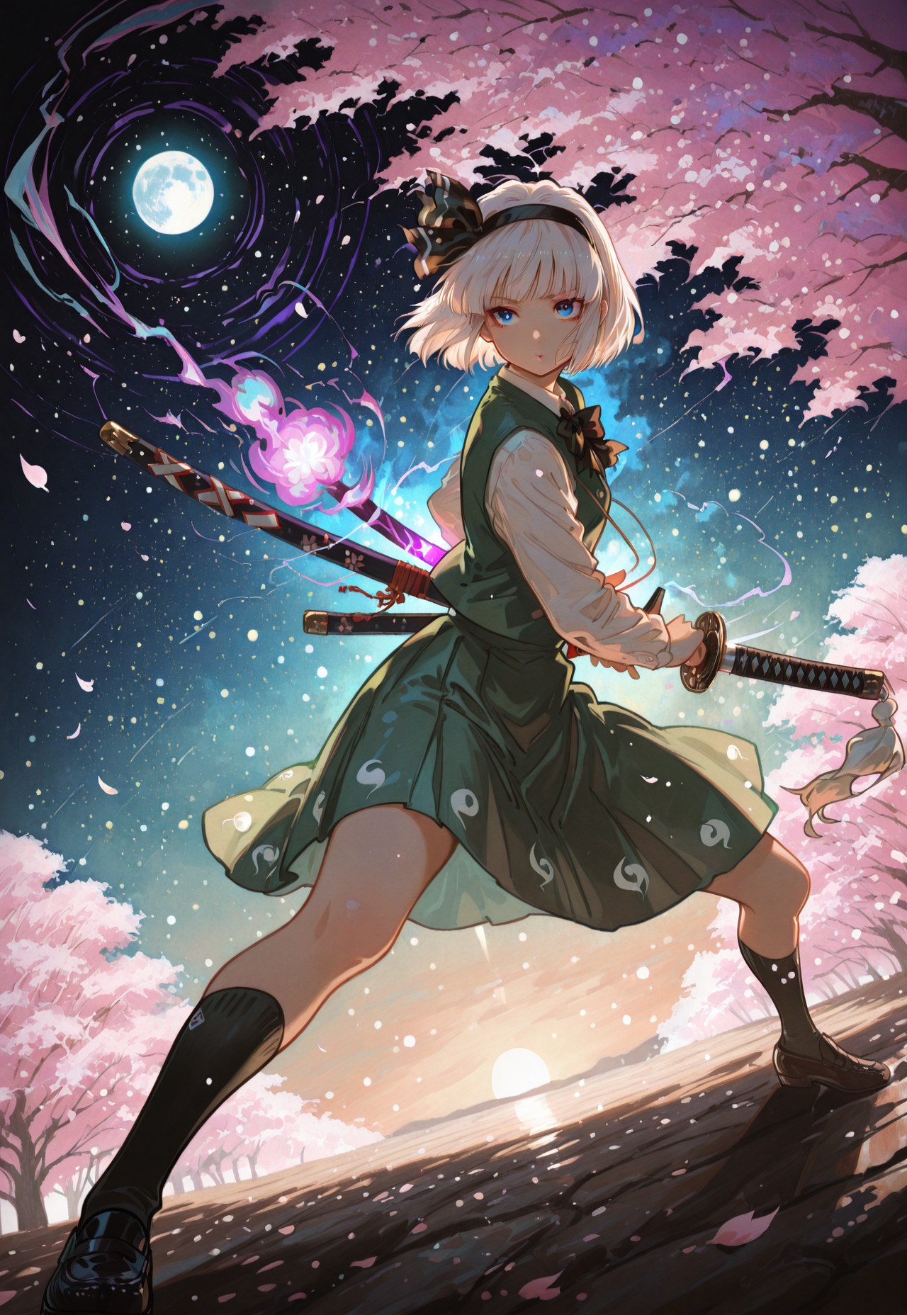 safe_pos, source_anime, high res image, (masterpiece:1.2), best quality, very awa, absurdres, perfect quality, newest, highres, (4k, 8k, Ultra HD), (ultra-detailed:1.2), very aesthetic, sharp focus, depth of field, ray tracing, best lighting, detailed illustration, detailed background, scenic, cinematic, glowing particles, shinny, glitter, 
BREAK
solo, konpaku youmu, 1girl, solo, white hair, short hair, blunt bangs, blue eyes, hairband, hair ribbon, black ribbon, black bowtie, white shirt, collared shirt, green vest, green skirt, socks, beautiful face, beautiful eyes, detailed eyes, glossy lips, glossy hair, (full body:1.1), (release particles light:1.1), (floating particle light:1.1), purple glowing aura body, purple magic array, accurate anatomy, ultra detailed face, luminous ghost, 
BREAK 
katana, (detailed katana:1.2), sheath, drawing a katana, unsheathing a katana, (battoujutsu stance:1.1), dynamic pose, fighting stance, ready to draw,
BREAK
cherry blossom tree, cherry blossoms, blowing in the wind, windy, midnight, dark background, moon light, (soft lighting:1.1), stars, pastel colors, gradient color, tense atmosphere, warm tone, soft fill light, (ambient light), (dynamic light), vivid colors, high contrast, bright face, illuminated face, cinematic angle, dutch angle, dynamic angle