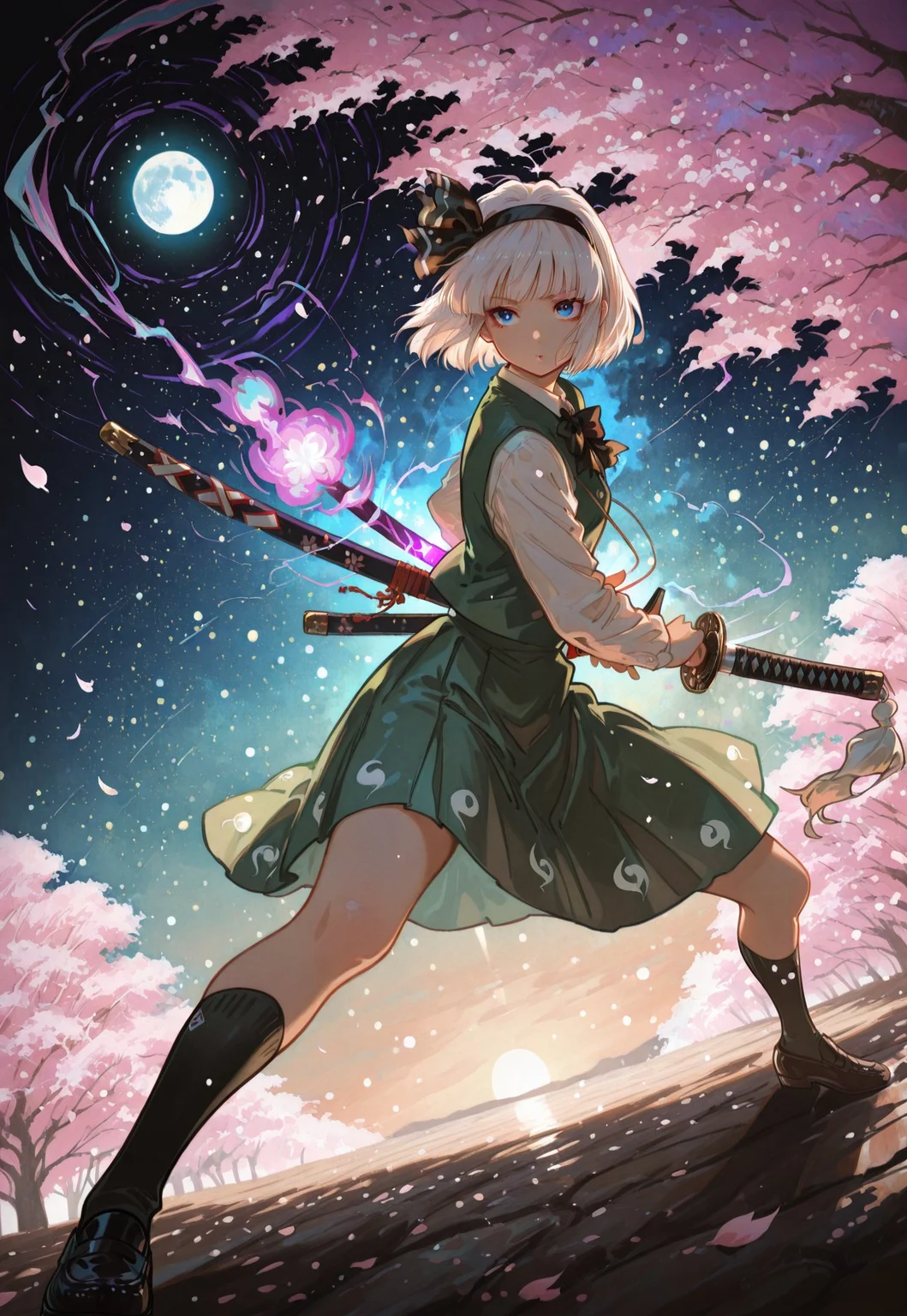 safe_pos, source_anime, high res image, (masterpiece:1.2), best quality, very awa, absurdres, perfect quality, newest, highres, (4k, 8k, Ultra HD), (ultra-detailed:1.2), very aesthetic, sharp focus, depth of field, ray tracing, best lighting, detailed illustration, detailed background, scenic, cinematic, glowing particles, shinny, glitter, 
BREAK
solo, konpaku youmu, 1girl, solo, white hair, short hair, blunt bangs, blue eyes, hairband, hair ribbon, black ribbon, black bowtie, white shirt, collared shirt, green vest, green skirt, socks, beautiful face, beautiful eyes, detailed eyes, glossy lips, glossy hair, (full body:1.1), (release particles light:1.1), (floating particle light:1.1), purple glowing aura body, purple magic array, accurate anatomy, ultra detailed face, luminous ghost, 
BREAK 
katana, (detailed katana:1.2), sheath, drawing a katana, unsheathing a katana, (battoujutsu stance:1.1), dynamic pose, fighting stance, ready to draw,
BREAK
cherry blossom tree, cherry blossoms, blowing in the wind, windy, midnight, dark background, moon light, (soft lighting:1.1), stars, pastel colors, gradient color, tense atmosphere, warm tone, soft fill light, (ambient light), (dynamic light), vivid colors, high contrast, bright face, illuminated face, cinematic angle, dutch angle, dynamic angle