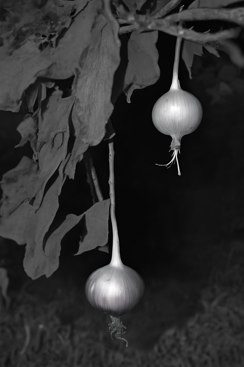 <lora:Photographer Elena Helfrecht Style:1>Photographer Elena Helfrecht Style - a black and white photo of an onion hanging from a tree with leaves