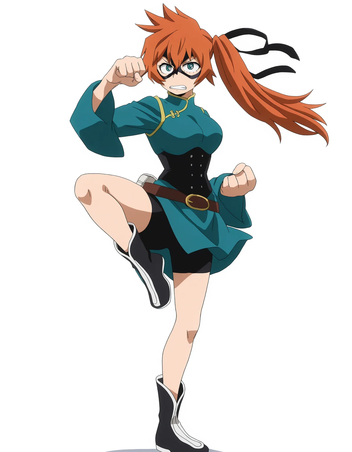 solo, full body, perfect composition, shadows, shading, <lora:anime_screencap-Illustrious:0.65> anime screencap, anime coloring, very aesthetic, absurdres, zPDXL, <lora:Pony_DetailV2.0:0.5> <lora:illustrious_quality_modifiers_masterpieces_v1:1>
<lora:ItsukaK:1> 1tsuk2, 1girl, teal eyes, domino mask, side ponytail, orange hair, hair ribbon, female focus, concentrating, defined lips, clenched teeth, fighting pose, martial arts pose, one hand raised, giant fist, large fist, standing on one leg, leg raised, punch, clenched fist, 
h3r0_outfit, chinese clothes, turquoise dress, yellow trim, long sleeves, black corset, brown belt, pouch, black shorts, bike shorts, black boots
white background, simple background,