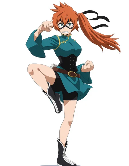 solo, full body, perfect composition, shadows, shading, <lora:anime_screencap-Illustrious:0.65> anime screencap, anime coloring, very aesthetic, absurdres, zPDXL, <lora:Pony_DetailV2.0:0.5> <lora:illustrious_quality_modifiers_masterpieces_v1:1>
<lora:ItsukaK:1> 1tsuk2, 1girl, teal eyes, domino mask, side ponytail, orange hair, hair ribbon, female focus, concentrating, defined lips, clenched teeth, fighting pose, martial arts pose, one hand raised, giant fist, large fist, standing on one leg, leg raised, punch, clenched fist,
h3r0_outfit, chinese clothes, turquoise dress, yellow trim, long sleeves, black corset, brown belt, pouch, black shorts, bike shorts, black boots
white background, simple background,