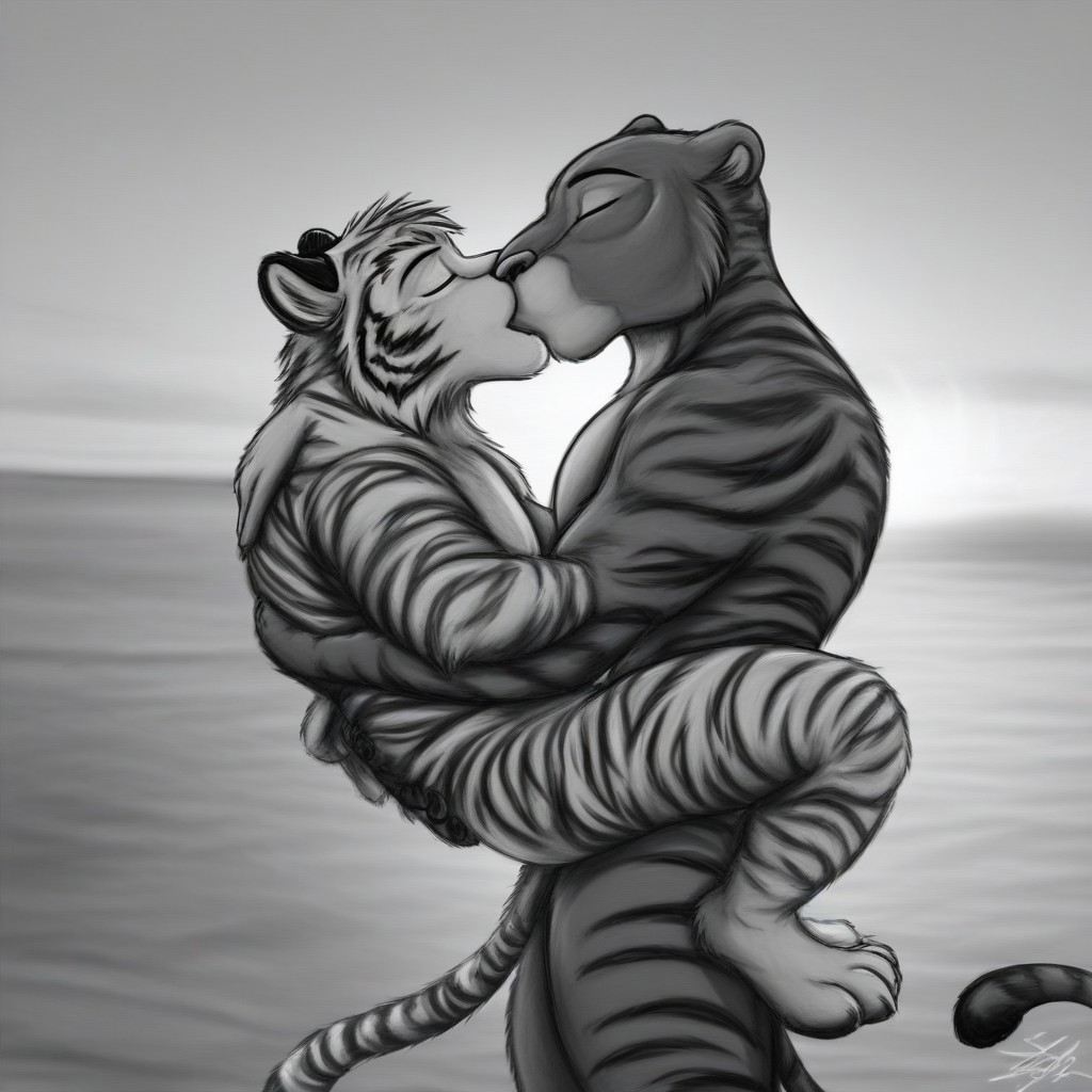 2males, anthro, 1 panther, 1 tiger, kissing, carrying lover, sunset