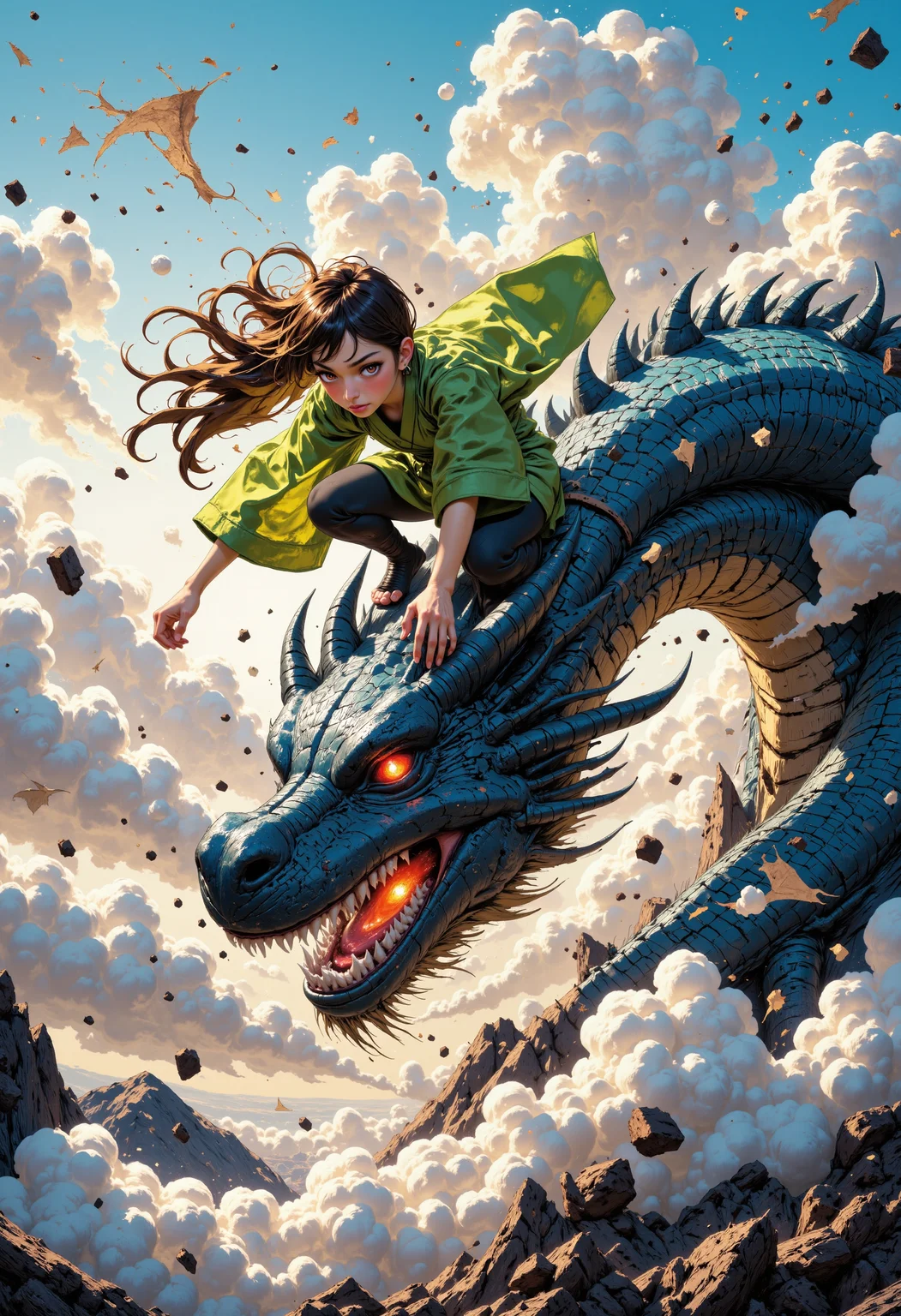 Up in the blue sky, white clouds and a cinematic image, a young warrior, clad in a flowing, green kimono, crouches atop a majestic, dark-blue chinese dragon head, its scales glistening like polished jewels. The dragon's massive body undulates as it rises from the depths, clouds of golden dust swirling around it. The warrior, her dark hair wild and wind-tousled, her red eyes blazing with fierce determination, golden light of the setting sun. As she springs into action, the dragon's claws swipe through the air, sending clouds of dust and debris flying in all directions. The warrior's kimono flows behind her like a banner, its folds rippling with the motion of her body. Her feet, grip the dragon's scaly head as she crouches low, her muscles tensed. The image is bathed in a warm, golden light, as if the sun itself is setting behind the dragon, casting long shadows. The style is reminiscent of classic Japanese art, with bold lines and vibrant colors. The camera angle is low and dynamic, as if the viewer is witnessing the action flying in the sky with the woman and the dragon.<lora:CustomFlux/MysticComic.safetensors:1.0:1.0>