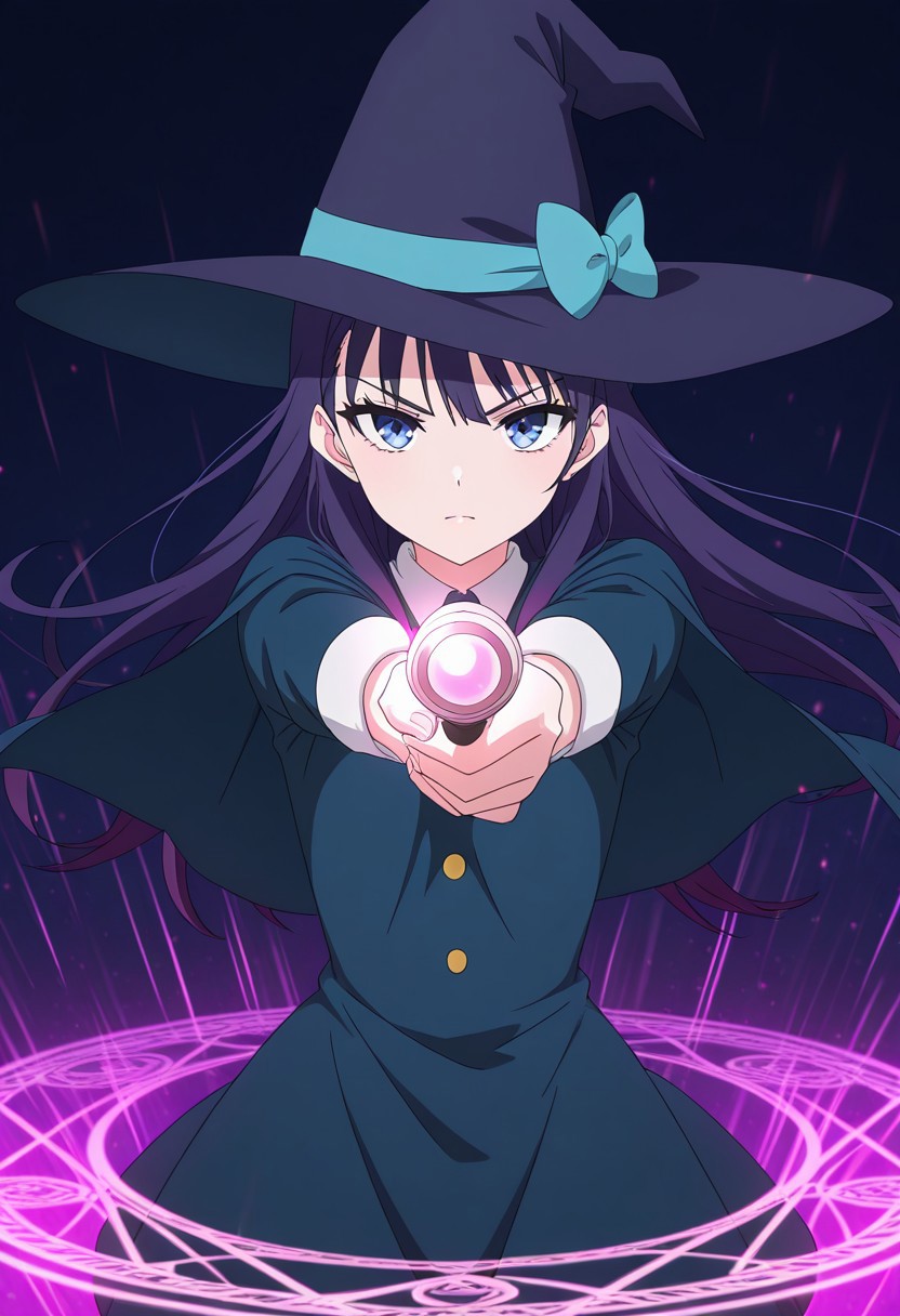 (absurdres, best quality, masterpiece:1.4), amazing quality, highres, newest, detailed, detailed body, detailed face, source anime, anime coloring, beautiful, dynamic background, petite, magic circle, magic spell,
BREAK
WWNemu, 1girl, solo, serious expression, NemuAniHu, dark purple hair,  blue eyes, witch hat, magic wand, aiming at viewer,