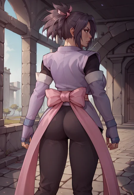 score_9, score_8_up, score_7_up, BREAK 1girl, solo, cowboy shot, from behind, looking back, <lora:SheenaToS-pdxl:1> defSheena, ponytail, hair ribbon, japanese clothes, detached sleeves, fingerless gloves, large breasts, pink bow, ribbon, black pants, ass, indoors, dark, ruins, cobblestone