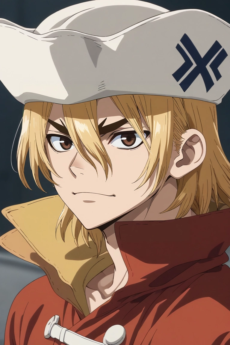 score_9, score_8_up, score_7_up, , rating_safe, , semi-realistic, looking at viewer, depth of field, 1boy, solo, male focus, <lora:ryuusui_nanami_pony:0.76>, ryuusui_nanami, blonde hair, brown eyes, hair between eyes, hat, , , <lora:sdxl_lightning_8step_lora:1>