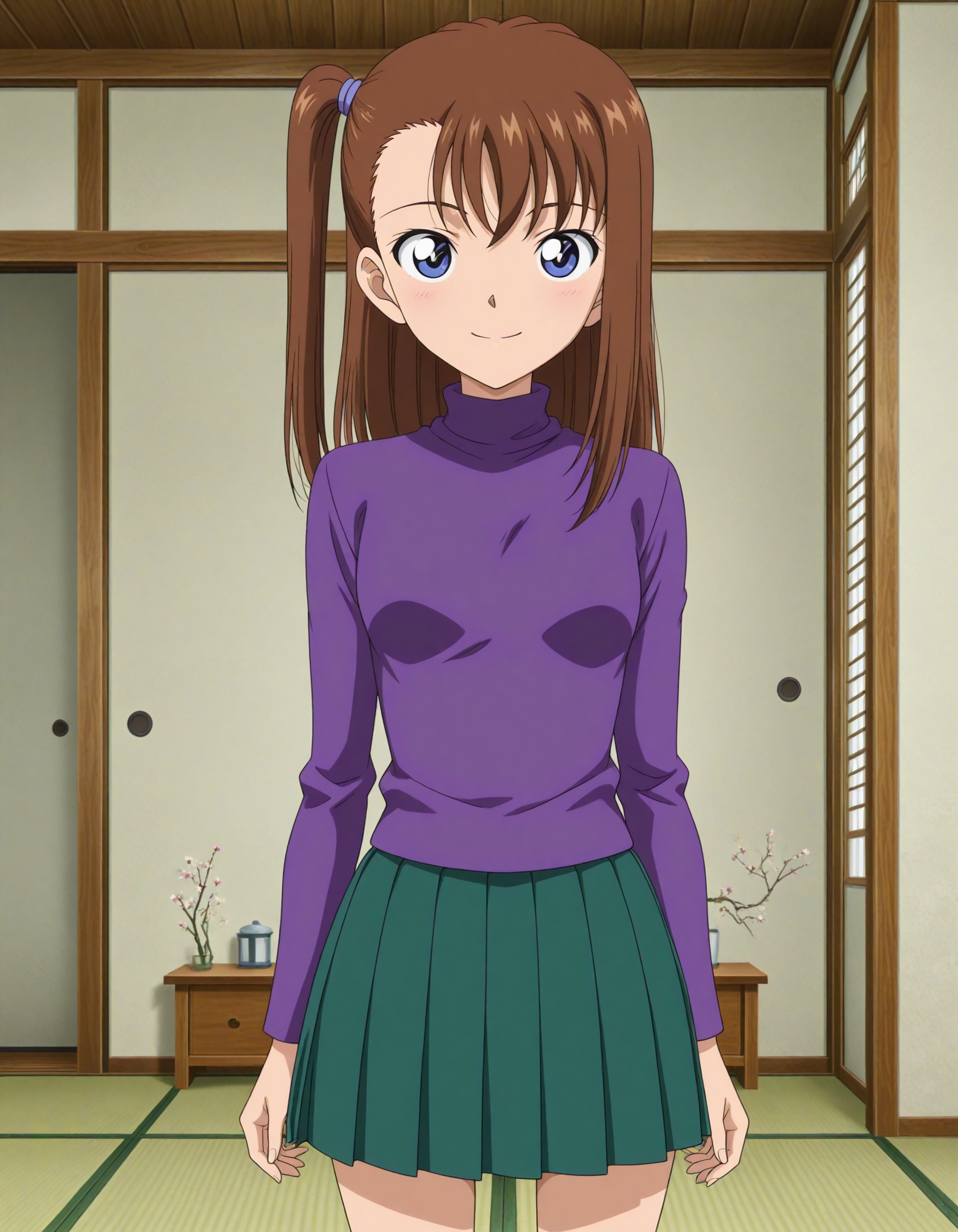 1girl, solo, masterpiece, best quality,anime screencap,anime coloring, 
<lora:ito_megumi_conan_v1_IL:0.7>,ito megumi, green pleated skirt, asymmetrical bangs,long sleeves,long hair, side ponytail, brown hair,purple turtleneck,cos1,small breasts,sweater, 
<lora:dmd2_sdxl_4step:1>,looking at viewer,smile, closed mouth, indoors,upper body, cowboy shot, tatami,arms at sides,