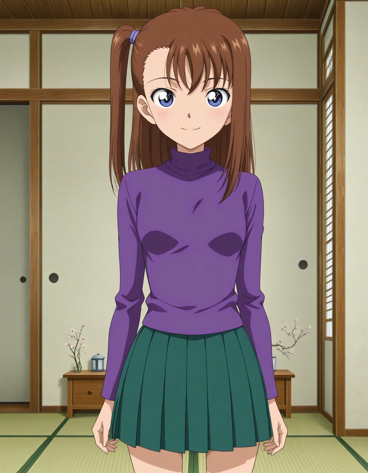 1girl, solo, masterpiece, best quality,anime screencap,anime coloring, 
<lora:ito_megumi_conan_v1_IL:0.7>,ito megumi, green pleated skirt, asymmetrical bangs,long sleeves,long hair, side ponytail, brown hair,purple turtleneck,cos1,small breasts,sweater, 
<lora:dmd2_sdxl_4step:1>,looking at viewer,smile, closed mouth, indoors,upper body, cowboy shot, tatami,arms at sides,