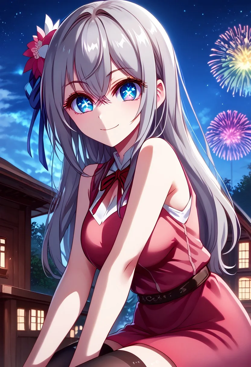score_9, score_8_up, score_7_up,source_anime, jvdaniang, planet size, 1girl, alyav4, 1girl, long hair, grey hair, blue eyes, ribbon, hair ribbon, hair between eyes, symbol-shaped pupils, eyelashes, hair flower, neck ribbon, blue ribbon, pink shirt, sleeveless, bare arms, red jacket, pink skirt, black thighhighs, high heels, large breasts, shoulder handbag, laced high heels, night scene, sitting down, house, sitting down on top of a house, leaning down, bent over, facial expression, kind, smile, head tilt, soft eyes, dreamlike atmosphere, fireworks, glowing edges, mystical, high contrast, ethereal light, side view, gl0w, glow, Extreme Size Difference, gradient eyes, beautiful detailed eyes, high gradient eyes, detailed eyes, high definition eyes,