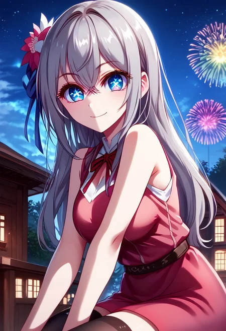 score_9, score_8_up, score_7_up,source_anime, jvdaniang, planet size, 1girl, alyav4, 1girl, long hair, grey hair, blue eyes, ribbon, hair ribbon, hair between eyes, symbol-shaped pupils, eyelashes, hair flower, neck ribbon, blue ribbon, pink shirt, sleeveless, bare arms, red jacket, pink skirt, black thighhighs, high heels, large breasts, shoulder handbag, laced high heels, night scene, sitting down, house, sitting down on top of a house, leaning down, bent over, facial expression, kind, smile, head tilt, soft eyes, dreamlike atmosphere, fireworks, glowing edges, mystical, high contrast, ethereal light, side view, gl0w, glow, Extreme Size Difference, gradient eyes, beautiful detailed eyes, high gradient eyes, detailed eyes, high definition eyes,