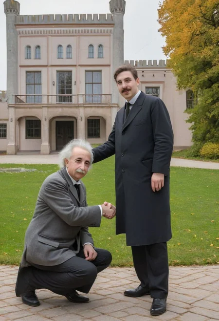 Albert Einstein shaking hand with Nicolas Tesla .picture taken in front of the beautiful manor castle
An illustrated full-length portrait