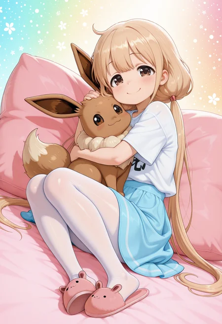 1girl, futaba anzu, pantyhose, skirt, slippers, hug eevee, petting, pillow, looking at viewer, smile, full body,
dutch angle, colorful background, masterpiece, best quality, amazing quality, intricate detail, highly detailed, absurdres, <lora:Kawaii_style-000002:1> Jedkw style, Kawaii