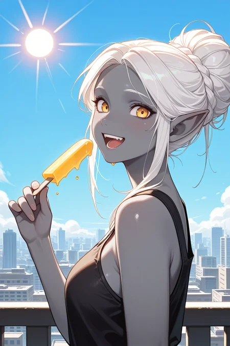 masterpiece, best quality, absurdres,
<lora:ILBGMinthara:0.8>
BGMinthara, 1girl, white hair, pointy ears, gray skin, looking at viewer, excited, holding popsicle, blue sky, city, sun, from side
