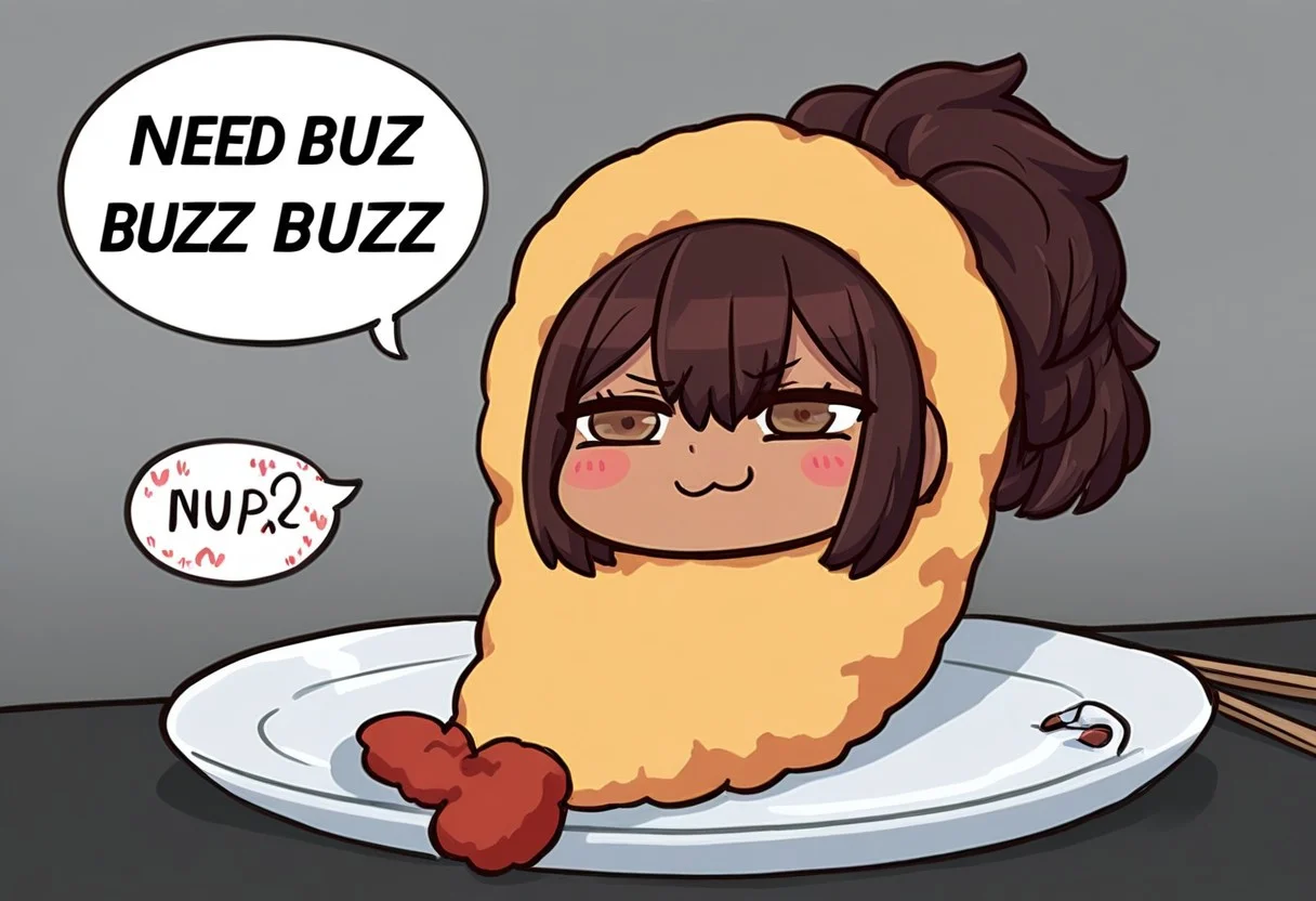very awa, very aesthetic, (masterpiece, best quality, amazing quality), 1girl, april fools,
NellyLimbus, brown hair, medium hair, brown eyes, ponytail, dark-skinned female,
chibi, fried hoshino meme, shrimp tempura, tempura costume, chopsticks, chibi, blush stickers, on plate, smirk,<lora:Tempura_Costume_-_Fried_Hoshino_meme:1>, speech bubble,english text, talking, I NEED BUZZ