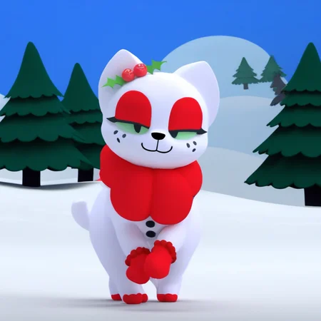 mole under eye, flower, snow, teeth, facing viewer, green eyes, cat, bear, cat ears, 1girl, red fur, winter, butt up, waving, day, strawberry, walking, closed eyes, eyes closed, full body, hair ornament, red eyelids, vertical black pupils, JuniPurr, multiple boys, standing, closed mouth, smooth white female cat, red puffy scarf, thought bubble, trees, pokemon (creature), food, red flower, two-tone fur, red mittens, white ears, forest, object on head, christmas tree, half-closed eyes, snowman, beads, catgirl, outdoors, 3d, own hands together, christmas ornaments, furry male, red gloves, grin, animal nose, eyeshadow
