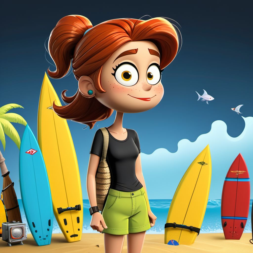 Solid Black background, Beach girl in board shorts with surf board and  fishing gear, super cool, ((top quality,8k wallpaper)),(masterpiece,best quality:1.2),(high_resolution:1.2), black background, cartoon beach people, fishing, funny